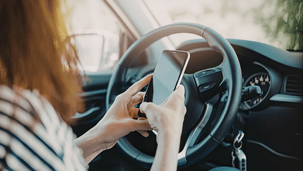 Mujer sosteniendo el celular mientras mira hacia otro lado, perdida en sus pensamientos