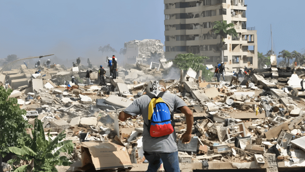 Un hombre de espaldas con una mochila tricolor de Venezuela corre hacia una zona de desastres y escombros de edificios colapsados donde civiles ayudan en el rescate.